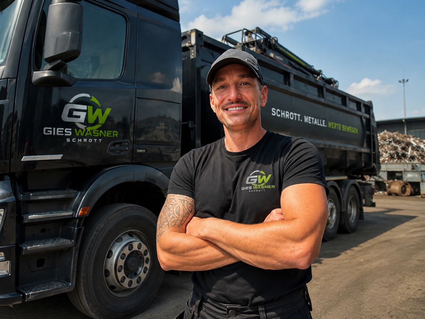 Inhaber vor dem Hakenlift-LKW
